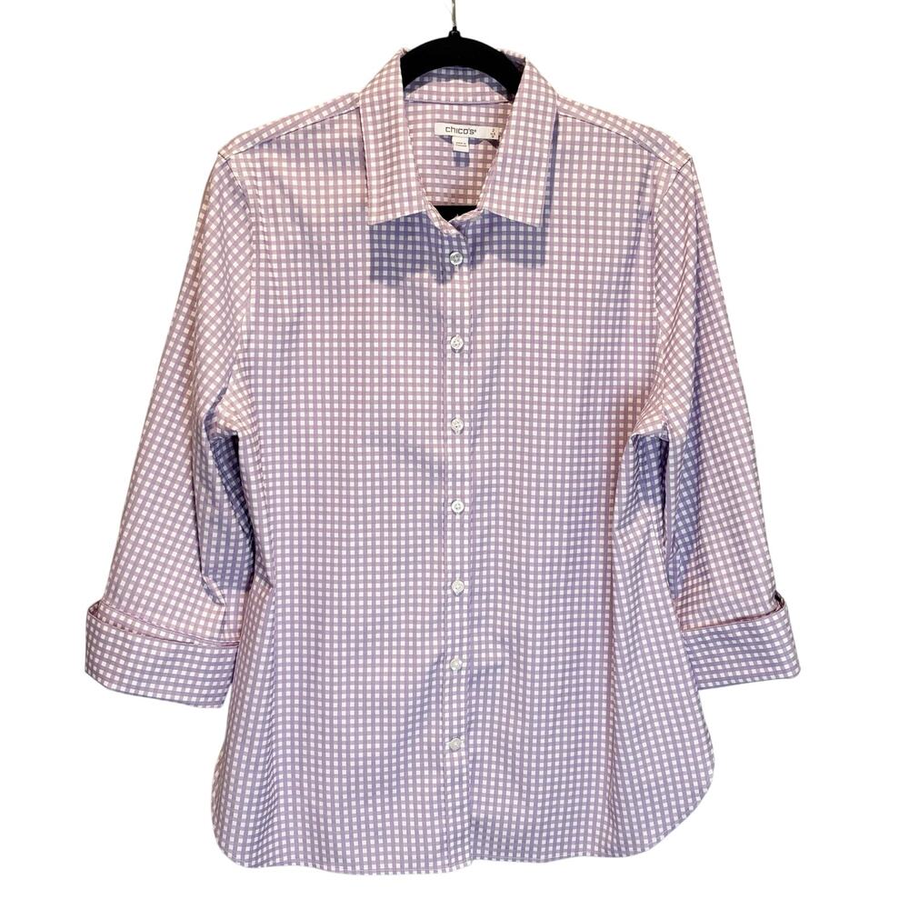 Chico's Purple & White Plaid gingham 3/4 Sleeve Button Down Shirt - size 2 US 12